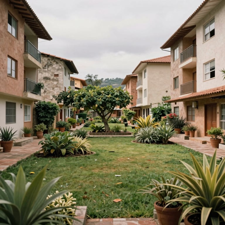 A well-maintained communal garden in a South American residential complex.