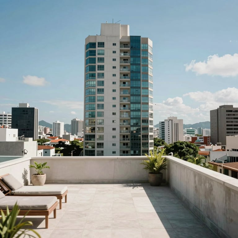 A bright and airy rooftop terrace of a high-rise building in Brazil.