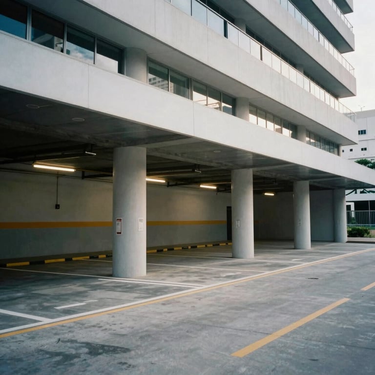 A clean and secure underground parking facility of a modern building in Brazil.