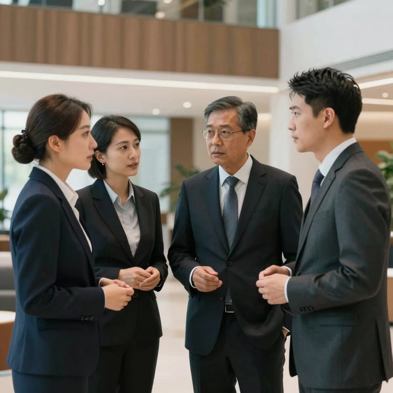 Management staff in professional attire discussing plans in a modern lobby.