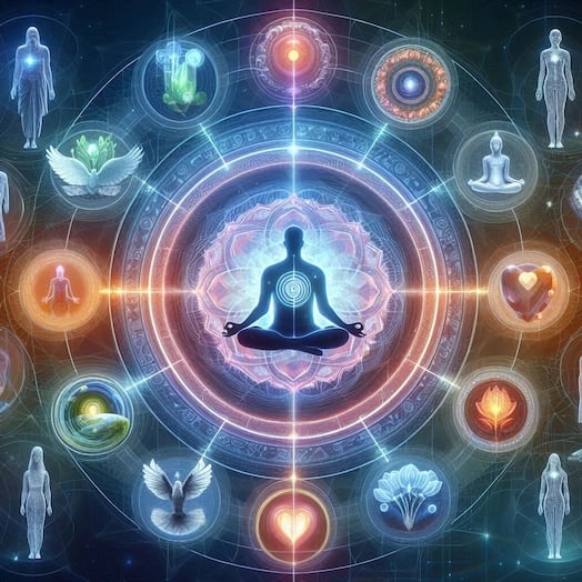 Healing: meditating figure, surrounded by symbols of transformation—reflecting Holy Fusion’s path