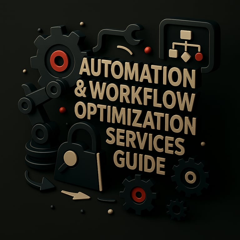 A 3D-rendered digital image shows “AUTOMATION & WORKFLOW OPTIMIZATION GUIDES” with gears, flowcharts