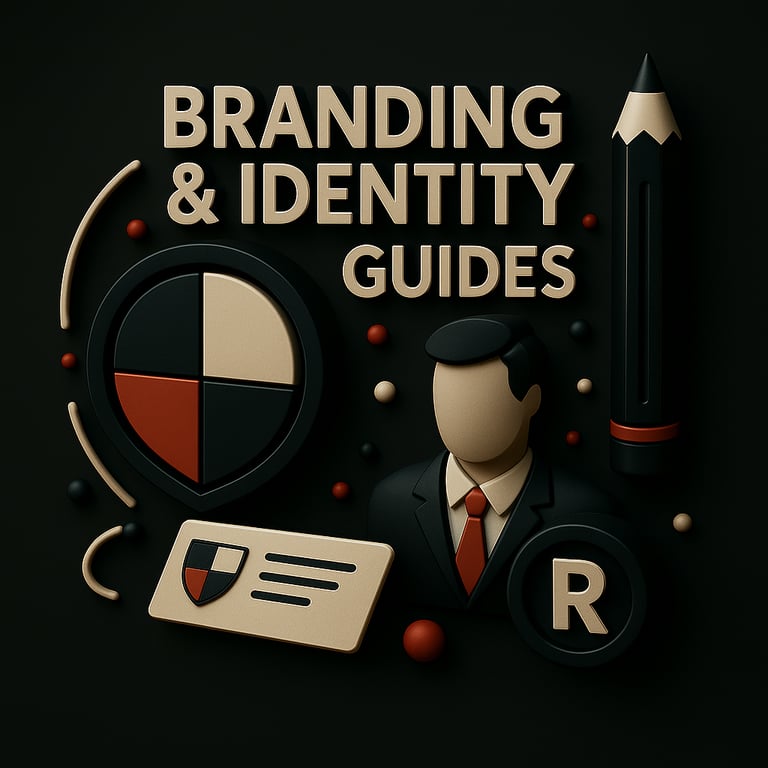 A 3D illustration shows “BRANDING & IDENTITY GUIDES” with a person icon, shield, pencil, and tradema