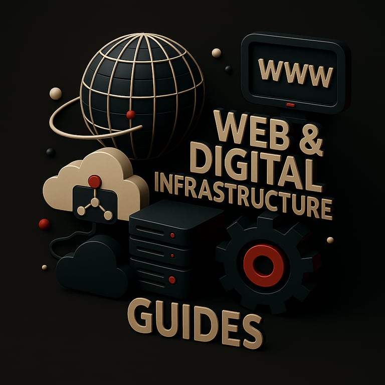 A 3D-style graphic shows “WEB & DIGITAL INFRASTRUCTURE GUIDES” with a globe, cloud icons, and a moni