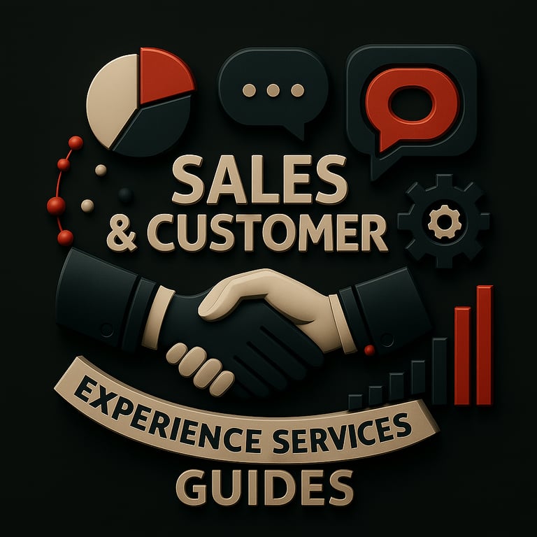 A 3D image displays “SALES & CUSTOMER EXPERIENCE GUIDES” with a handshake, pie charts, chat icons, a