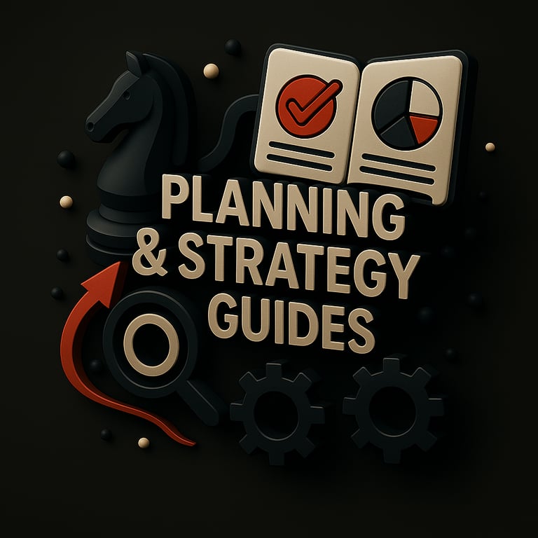 A 3D-rendered image shows “PLANNING & STRATEGY GUIDES” with chess pieces, analytics charts, and a ma