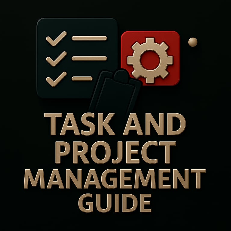 Checklist, gear icon, and clipboard above the text ‘Task and Project Management Guide