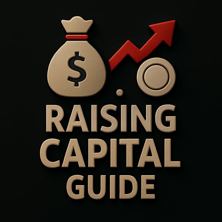 Money bag, upward arrow and coin icon above the text ‘Raising Capital Guide