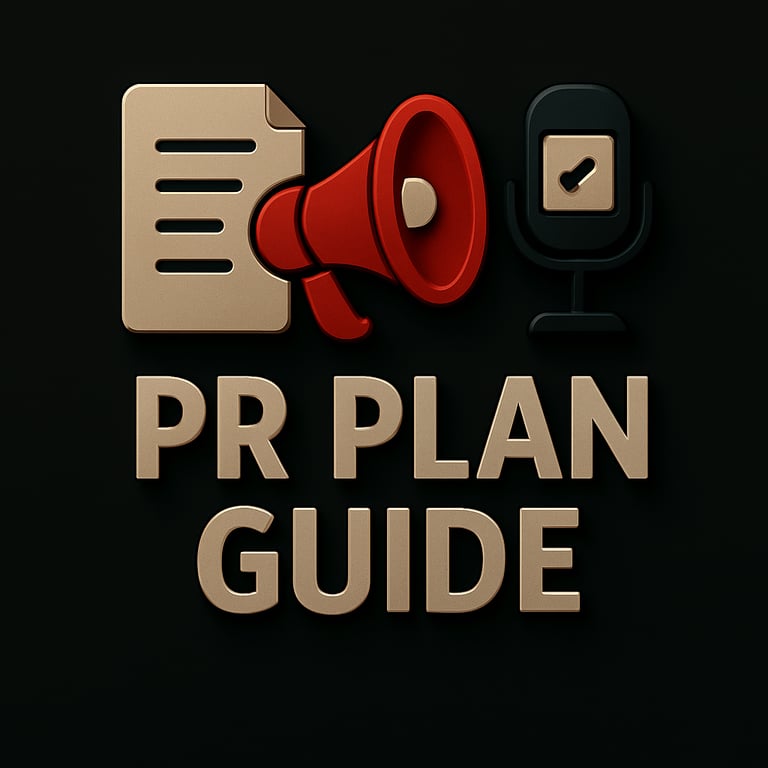 Document, red megaphone and microphone icons above the text ‘PR Plan Guide