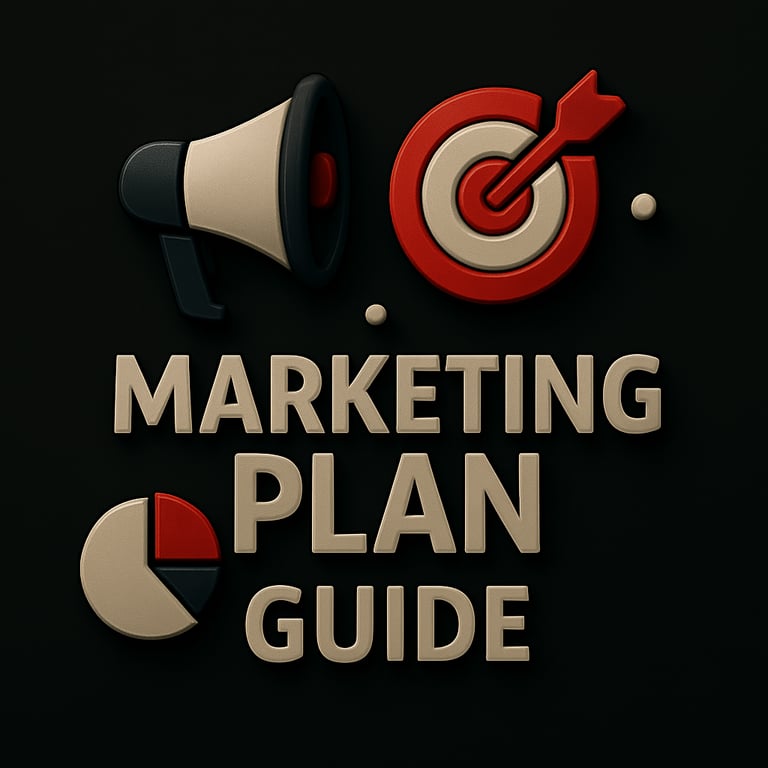 Megaphone, target with arrow and pie chart icons above the text ‘Marketing Plan Guide