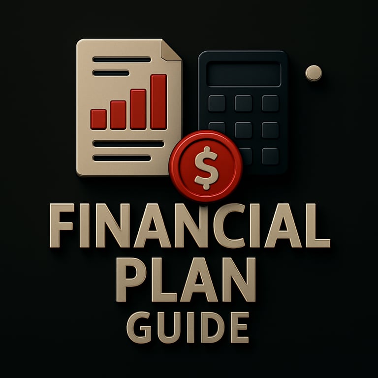 Document with bar chart, calculator and dollar coin icons above the text ‘Financial Plan Guide
