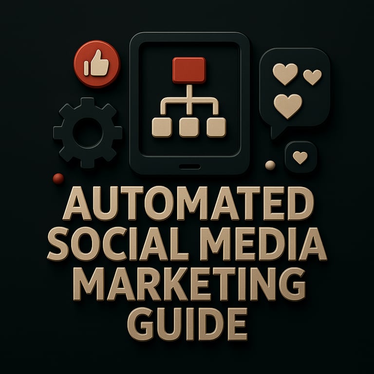 Tablet with flowchart, gear, like icon, and heart speech bubble above the text ‘Automated Social Med