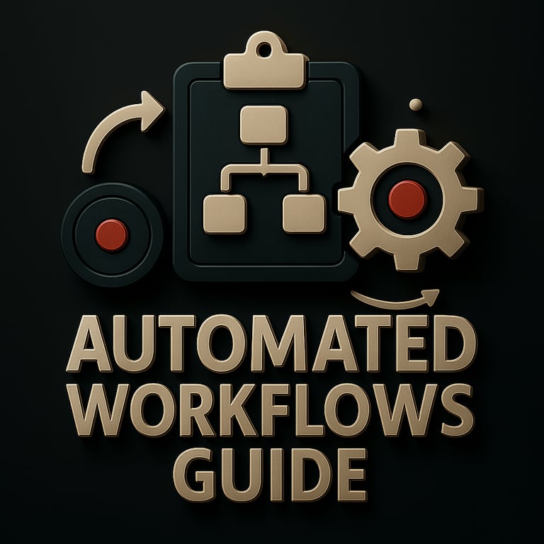 Clipboard with flowchart and gear icon with circular arrows above the text ‘Automated Workflows Guid