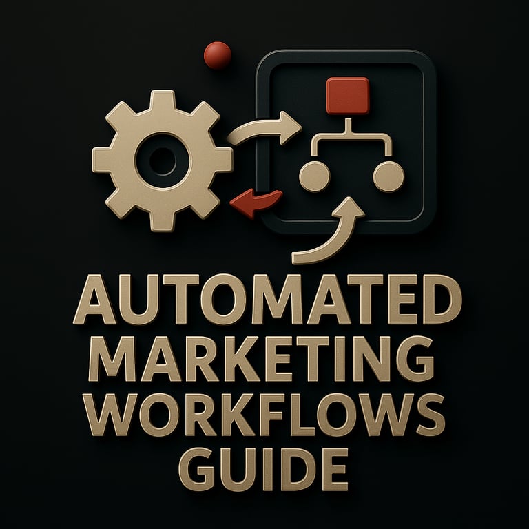 Gear and flowchart in square with directional arrows above the text ‘Automated Marketing Workflows G