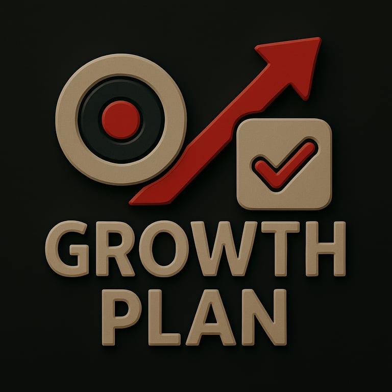 Target icon, upward arrow, and checkbox representing business growth planning and strategic goal set