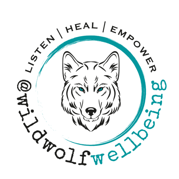 a black and white logo with a wolf