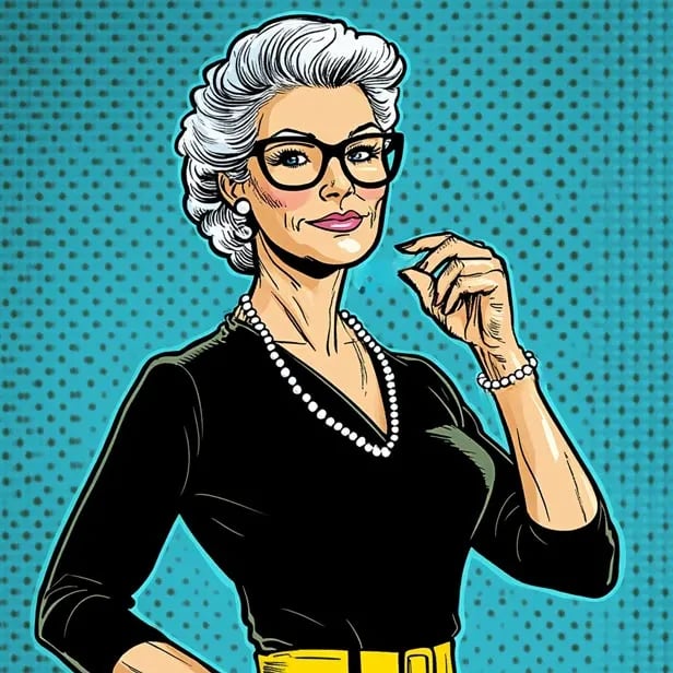 Cartoon of an older woman with short gray hair, a pearl necklace, and glasses, in a pop art style.