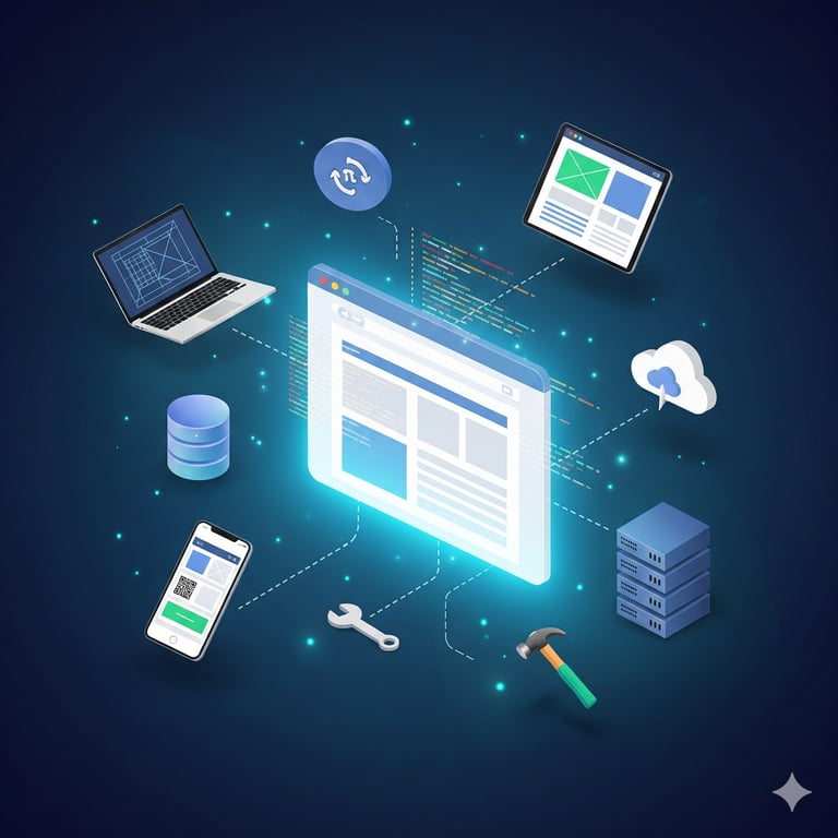 An image representing the internet inc. a laptop, smart phone, desktop, screw driver, hard drive etc