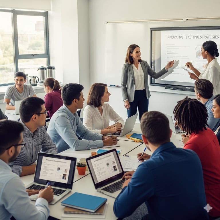 A facilitator , at a projector screen, talking to a group of adults engaged in professional learning