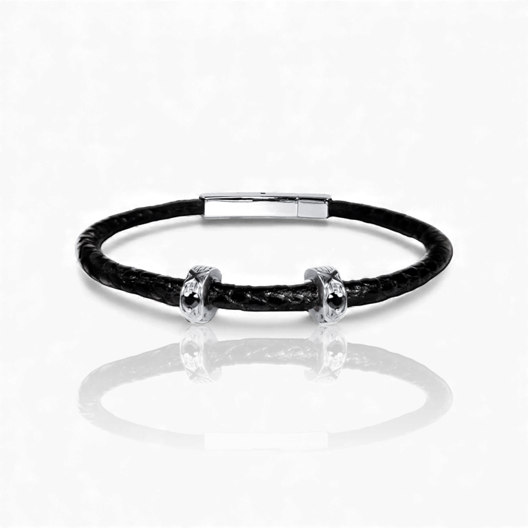 a black leather bracelet bracelet with a silver bracelet