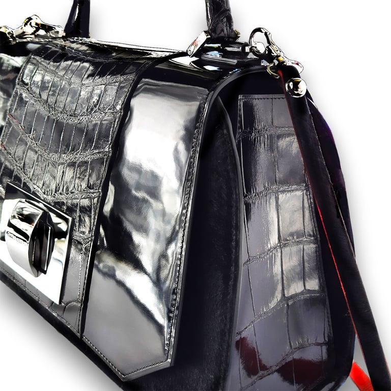 Luxury black calf skin and patent leather handbag with silver metallic clasp and shoulder strap.