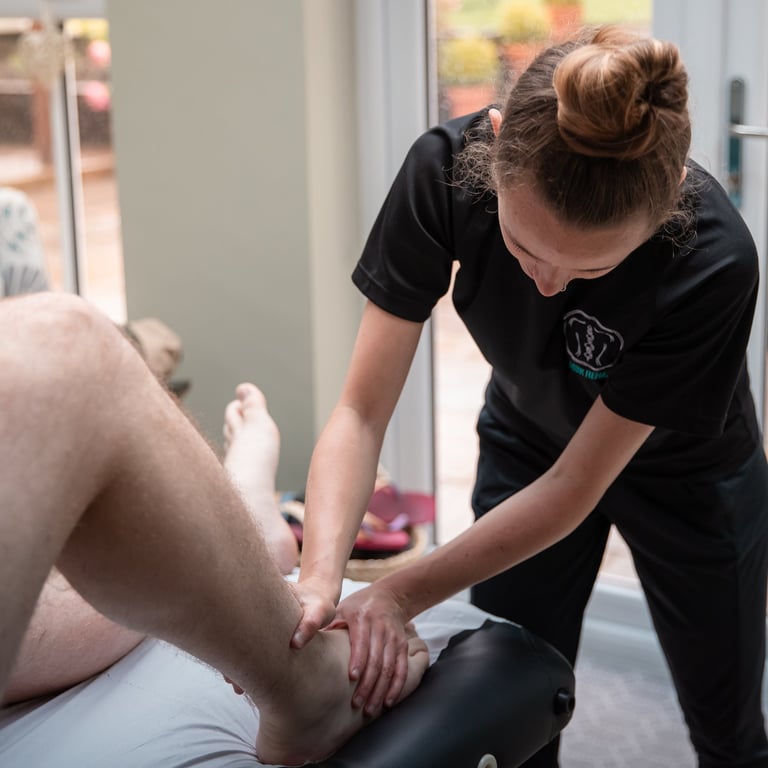 Sports Therapist conducting an ankle injury assessment on a client