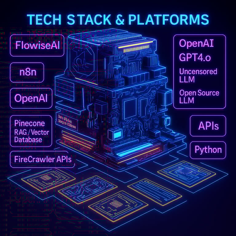 LLM, APIs, Pythin, Langchain, FLowiseAI, n8n, RAG, Pinecone, OpenAI, Open source