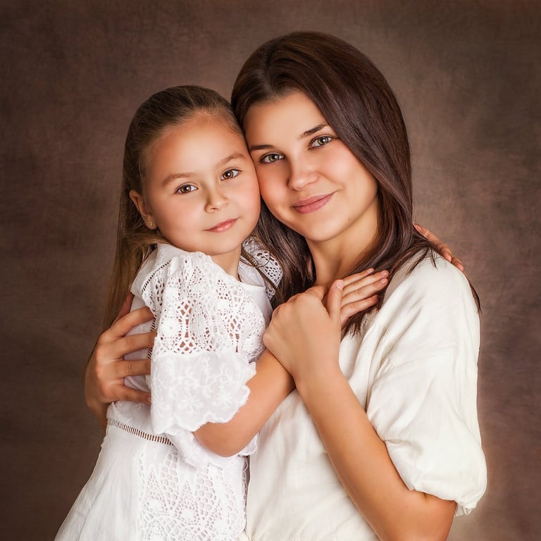 a mother and daughter embracing while posing in a photography studio in Sydney