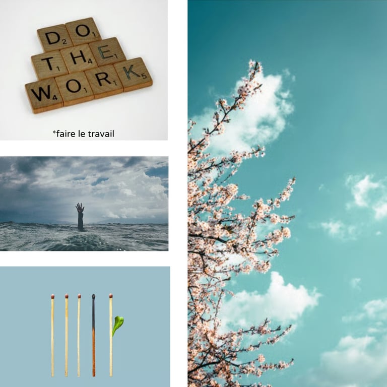 Composition symbolisant le burn-out, la reconstruction et la renaissance grâce à la passion créative