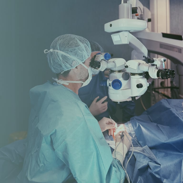 médico realizando una operación de superfície y córnea 