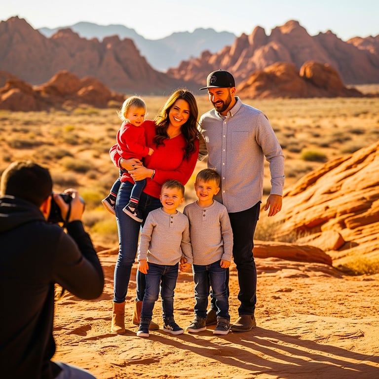 a family posing for a family photo in the desert