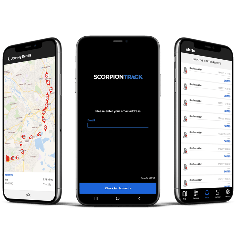 a group of three smartphones with a map of the location of a location
