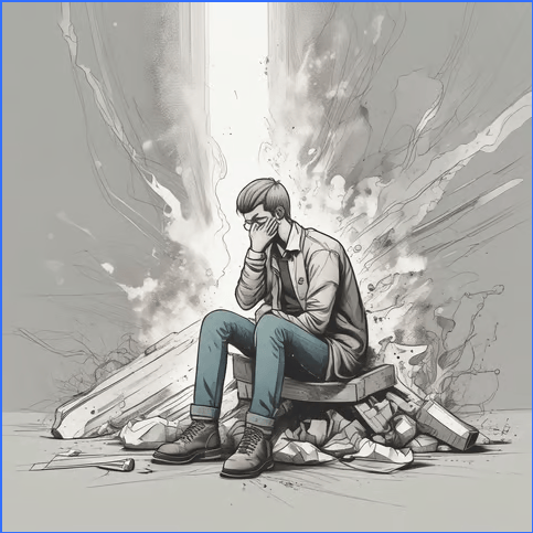 Mostly black and white graphic of man sitting on a wreckage, representing burnout