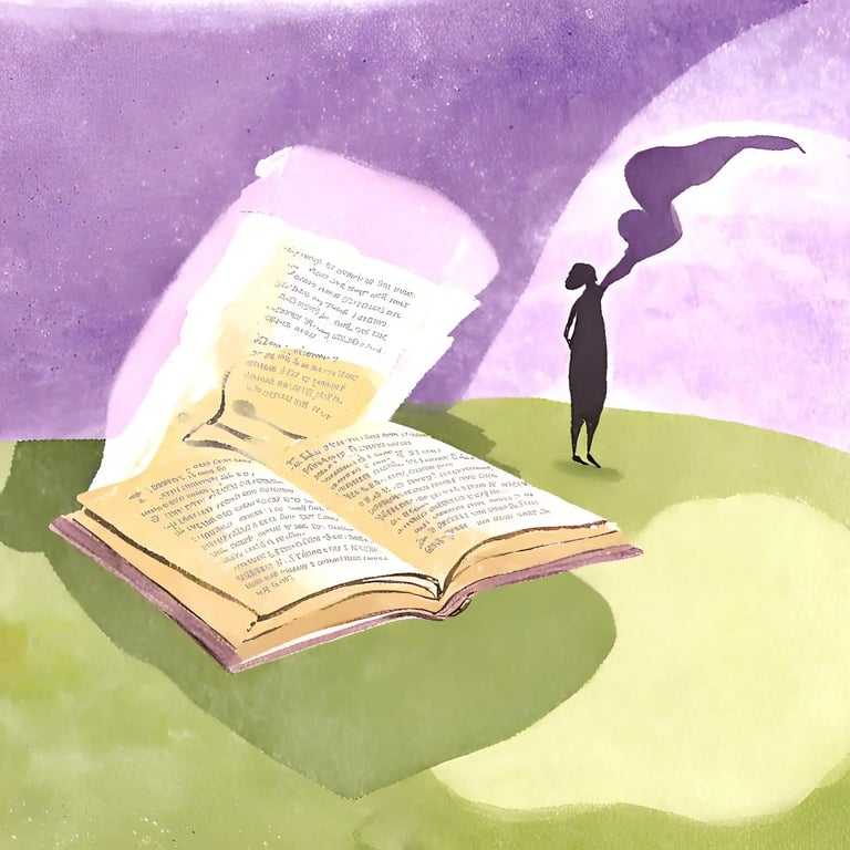 Purple, green, yellow watercolour image of a story book and a figure emerging from it