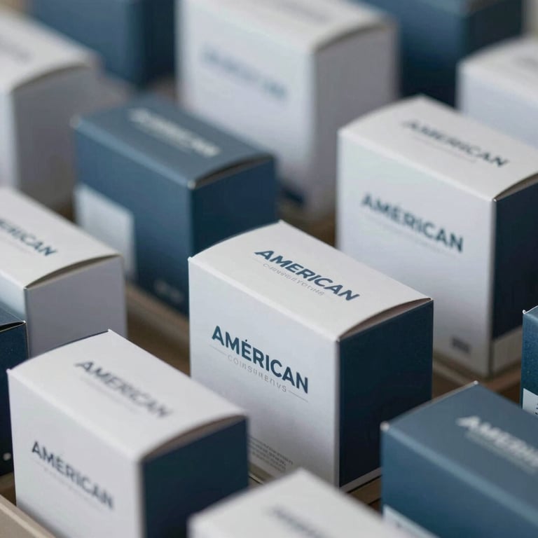 A close-up of high-quality American consumer goods neatly packaged in branded boxes, ready for international shipment, lit professionally with cool tones.