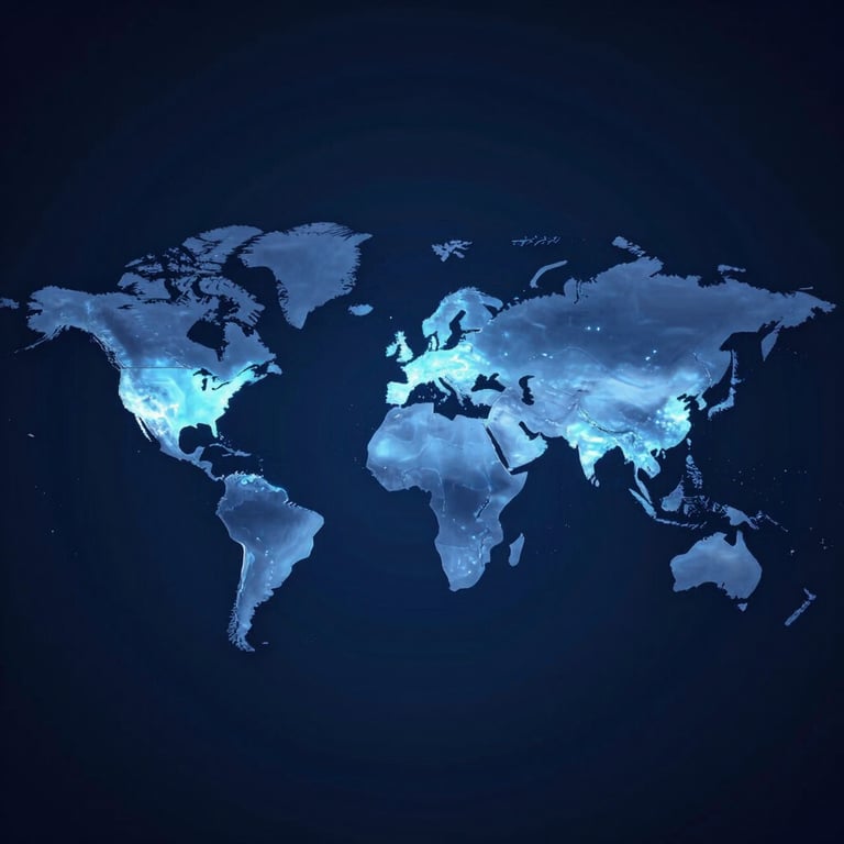 A stylized, glowing world map on a dark blue glass background (#0B243B), highlighting trade routes from the USA to Europe and Asia.