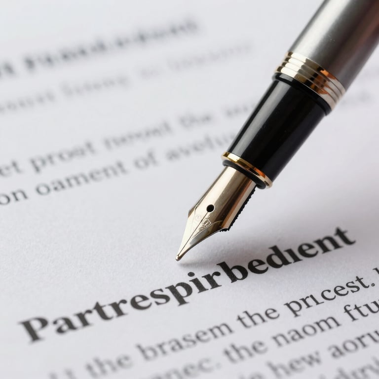 A clean, macro shot of a fountain pen and a partnership agreement, emphasizing legal trust and formal business arrangements.