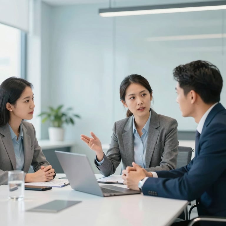 A professional team of three people in a bright, modern conference room discussing global strategy, with soft blue accents (#A8C0D4) in the decor.