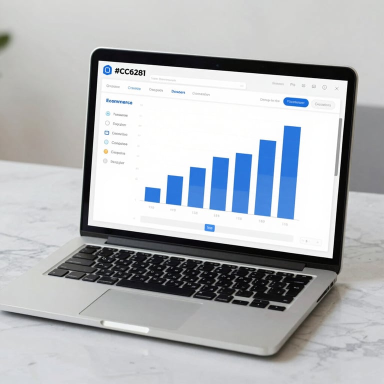 A minimalist image of a silver laptop on a marble desk, showing a professional e-commerce dashboard with blue growth charts (#3C6281).