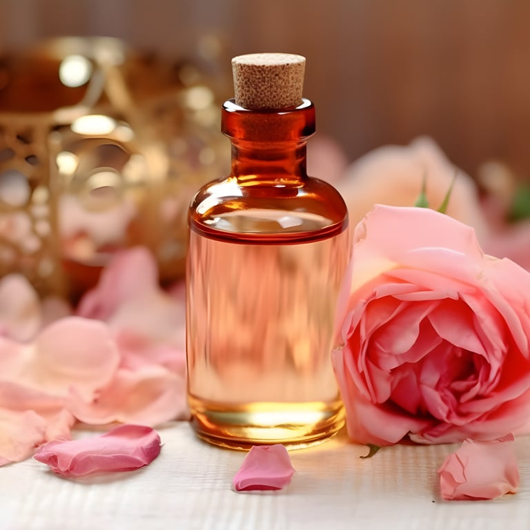 a bottle of perfume with a rose on a table