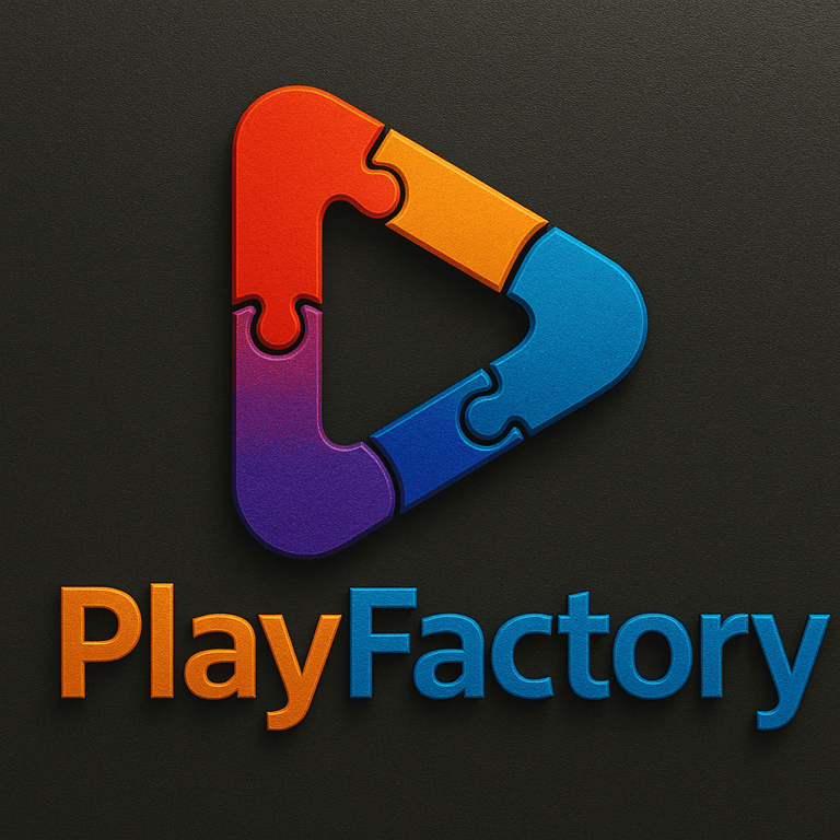 a play factory logo with puzzle pieces of puzzle pieces