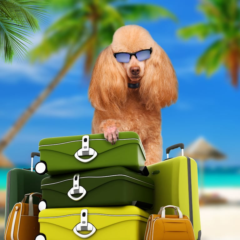 a dog with sunglasses and sunglasses on a beach