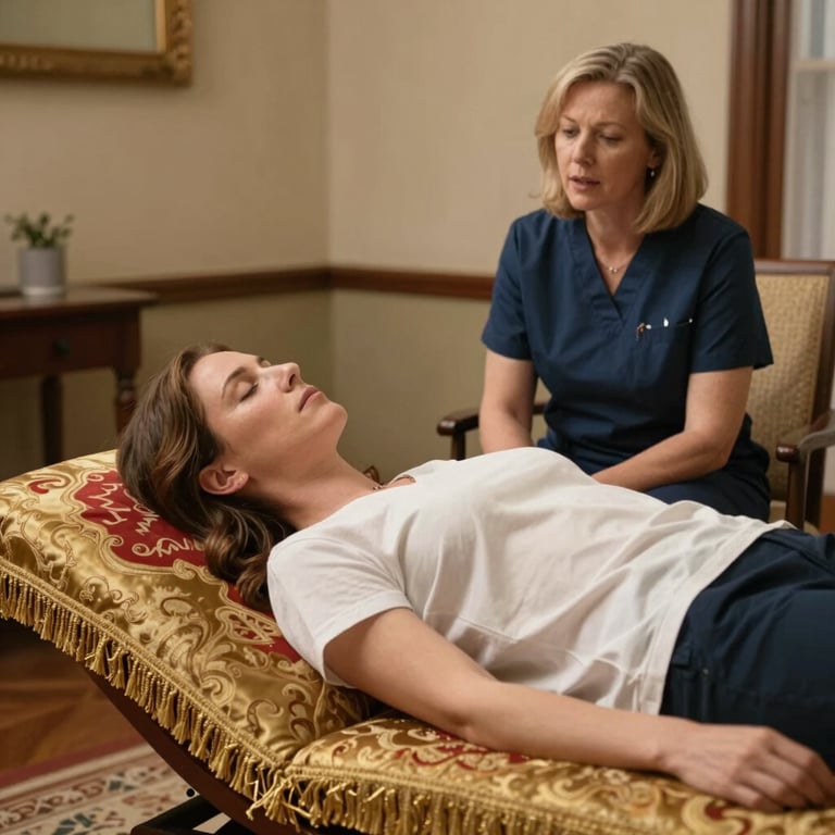 A blonde hypnotherapist conducts a clinical hypnosis session for a relaxed patient.