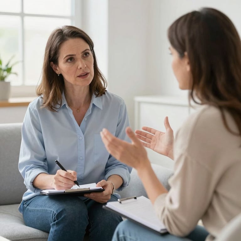 Professional female hypnotherapist taking notes while listening to a client during a session.