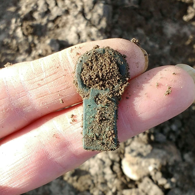 A copper alloy Medieval buckle with green patina, partially covered in soil, held on two fingers.