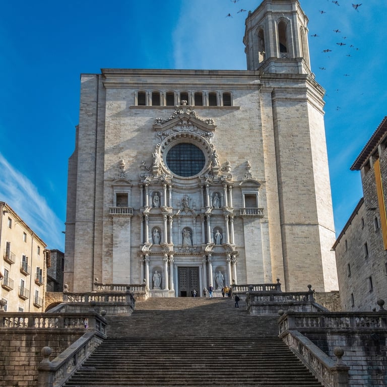 Girona Cathedral façade and staircase in Girona, Spain