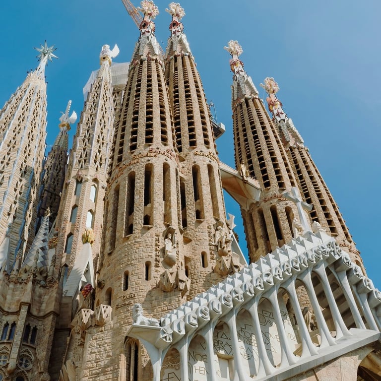 Sagrada Familia basilica with tall spires in Barcelona