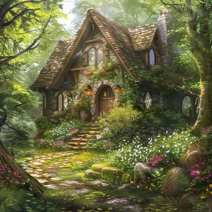 a house with a garden and a dog in the background