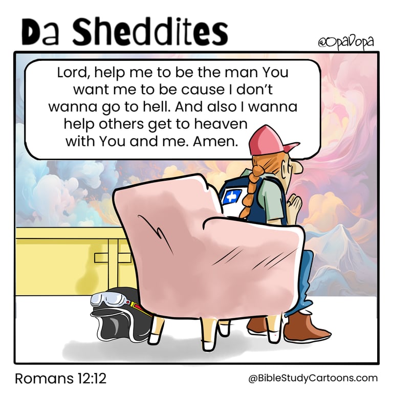 Old Christian biker sits quietly alone in a bike chapel praying.