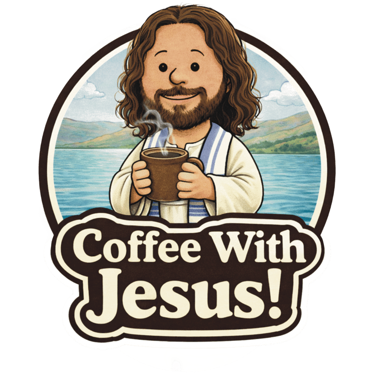 Cartoon of Jesus with coffee enjoying a peaceful morning at the Sea of Galilee